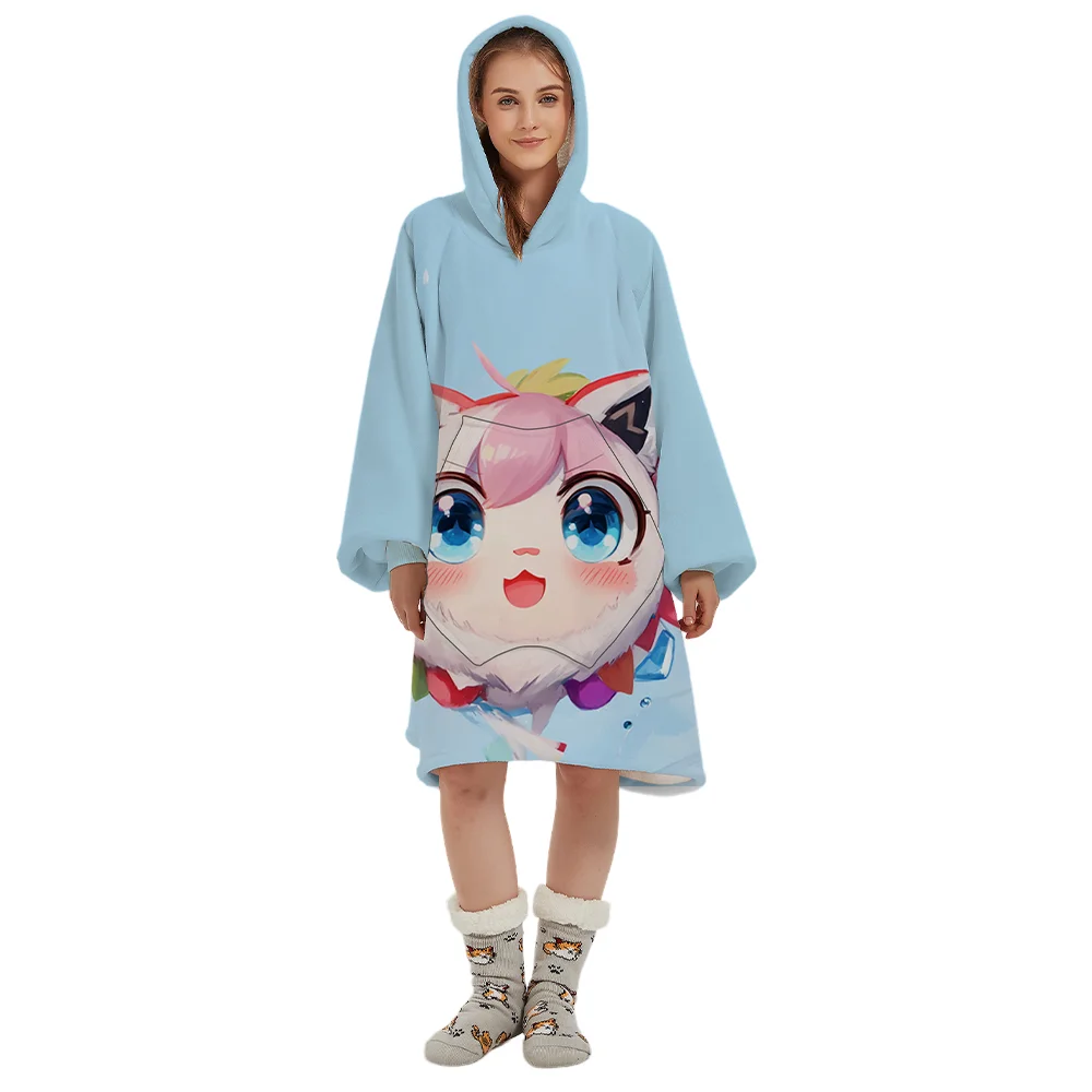 Customized Anime Printed Lovely Pink Elf 230gsm Thick Warm Flannel Fleece Hoodie Blanket with Patent Pockets and Sleeve