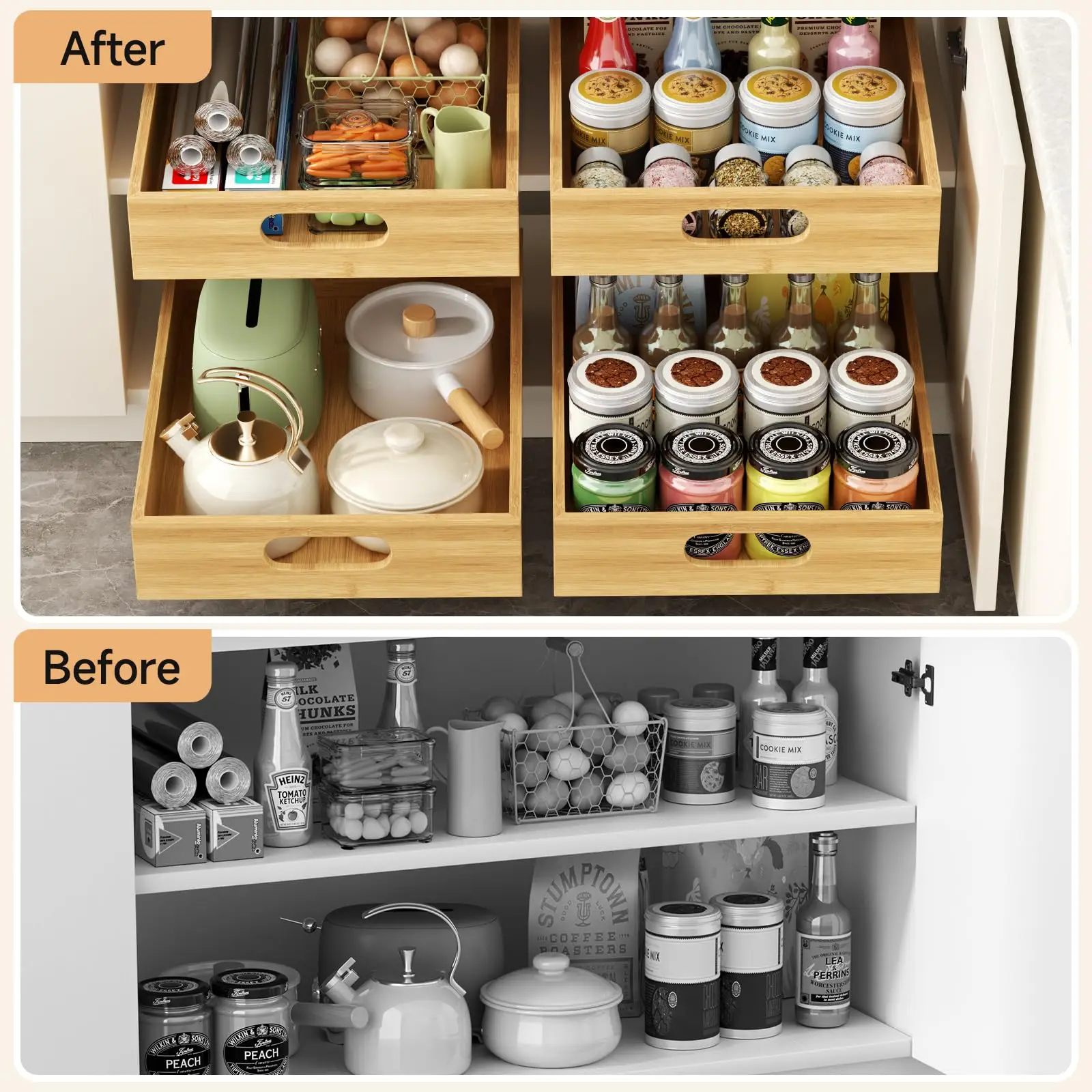 Pull Out Cabinet Organizer, Bamboo Wood Slide Out Drawers for Kitchen Cabinets, Adhesive Nano Film Shelves Drawers for Home
