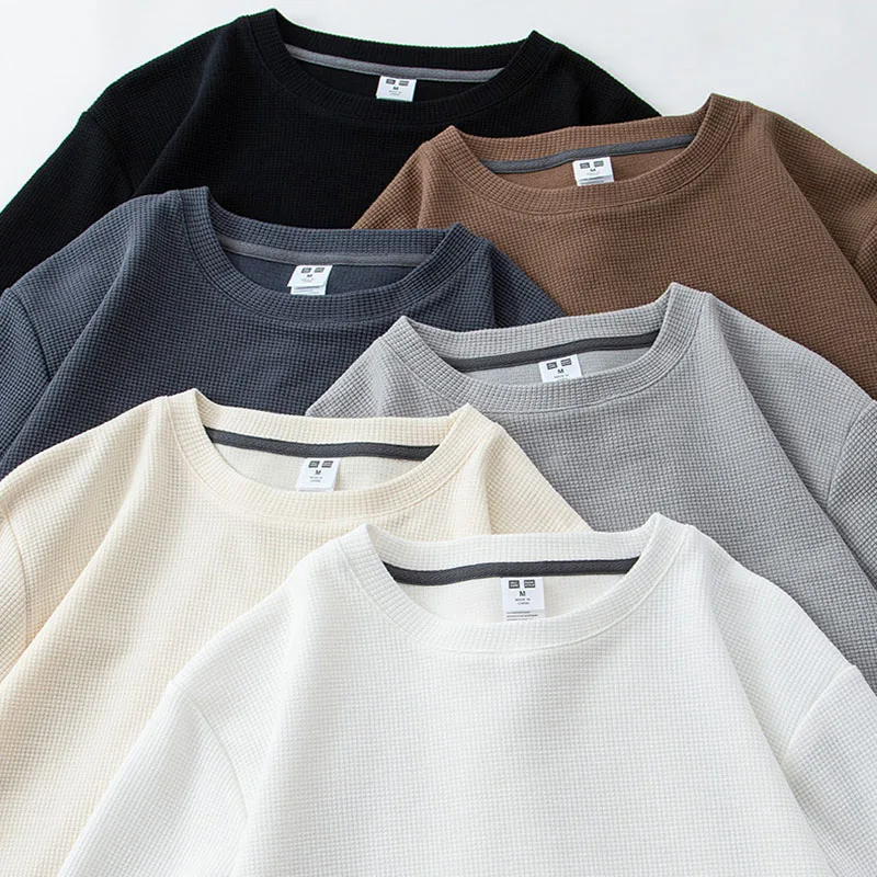 Custom long sleeve high quality cotton waffle knit t shirt heavyweight plain men shirt