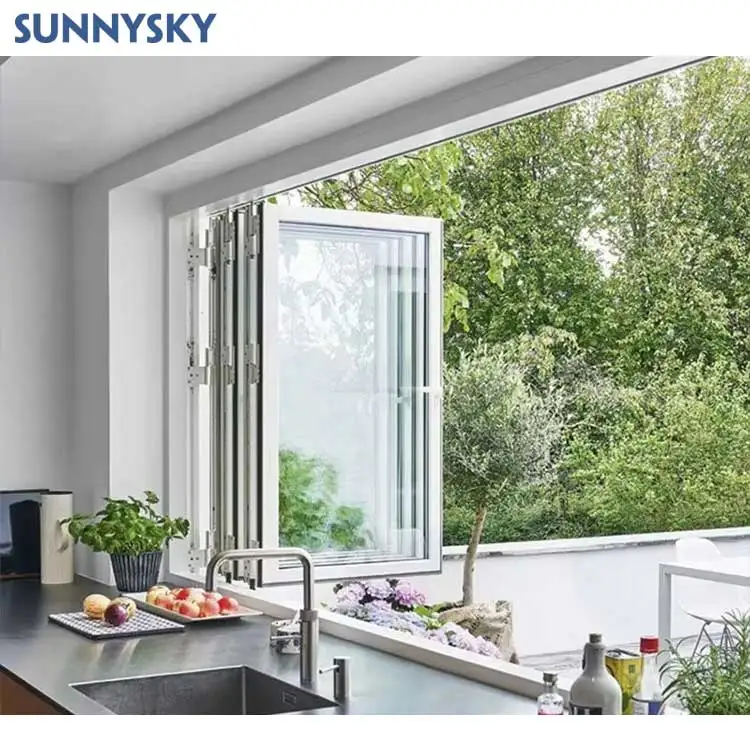 Sunnysky High quality white Aluminum Frame Large View Glass Bifolding Windows Balcony Accordion Folding Patio Window