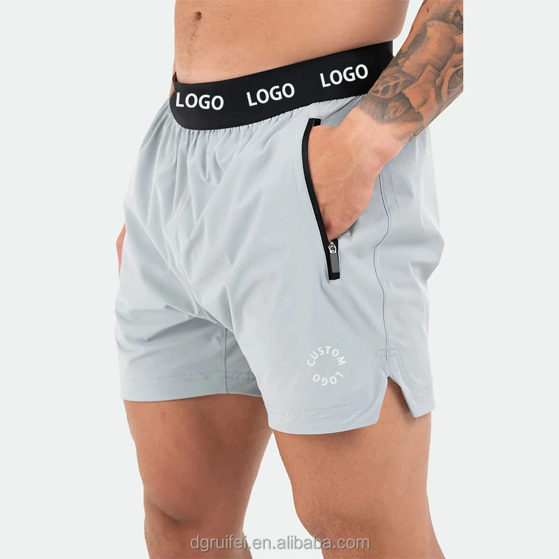 Custom logo waistband sustainable split hem pour hommes 5 inch inseam sports activewear workout athletic gym shorts for men