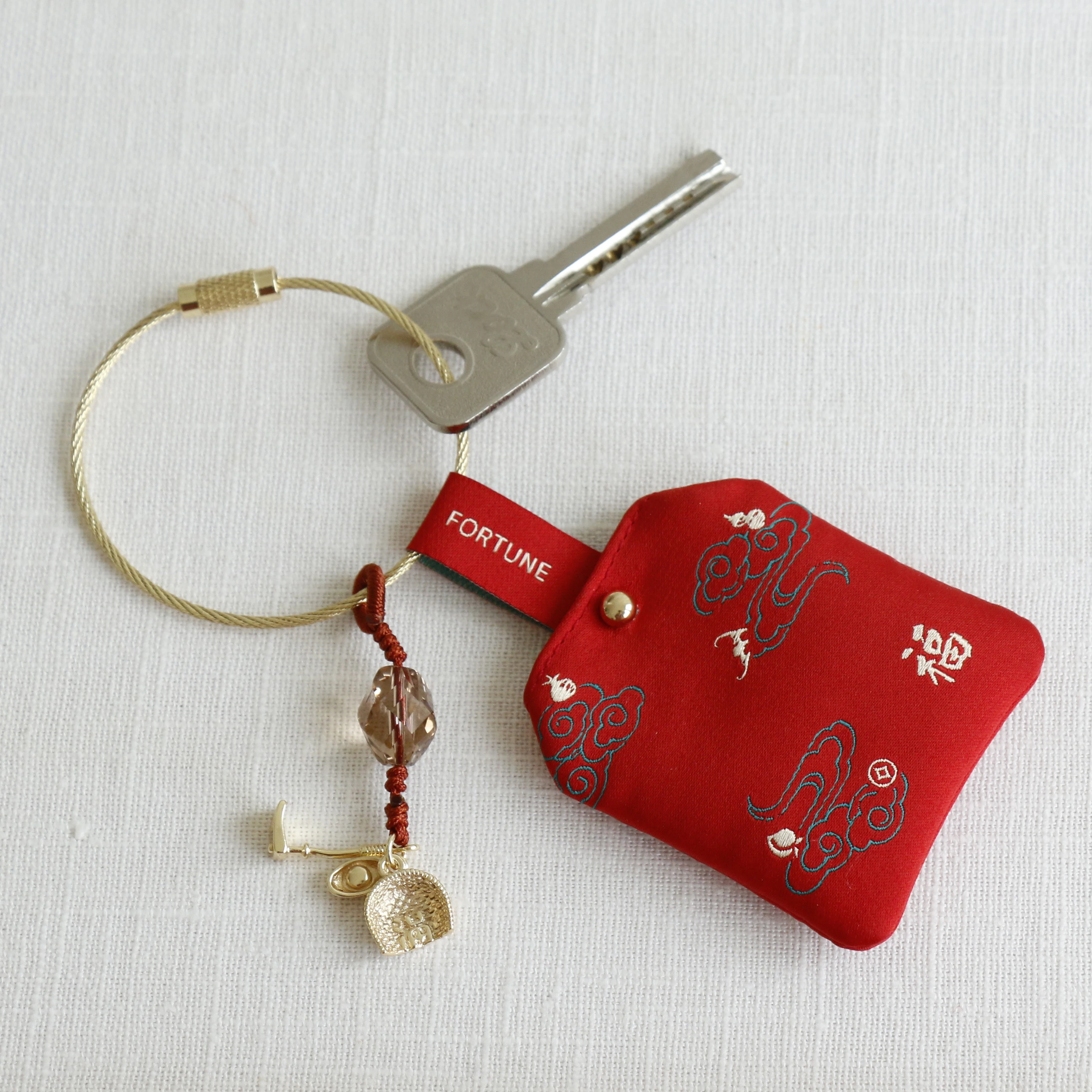 Creative Unique Embroidery Design Pray Keychain Gift  Pray Fortune Pendant  Hanging Decoration Cherry Key Chain