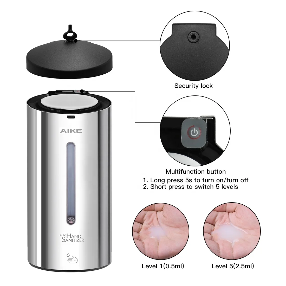 AIKE AK3105 High Quality Wall Mount stainless steel 700ml Automatic touchless alcohol gel refillable auto sanitizer dispenser