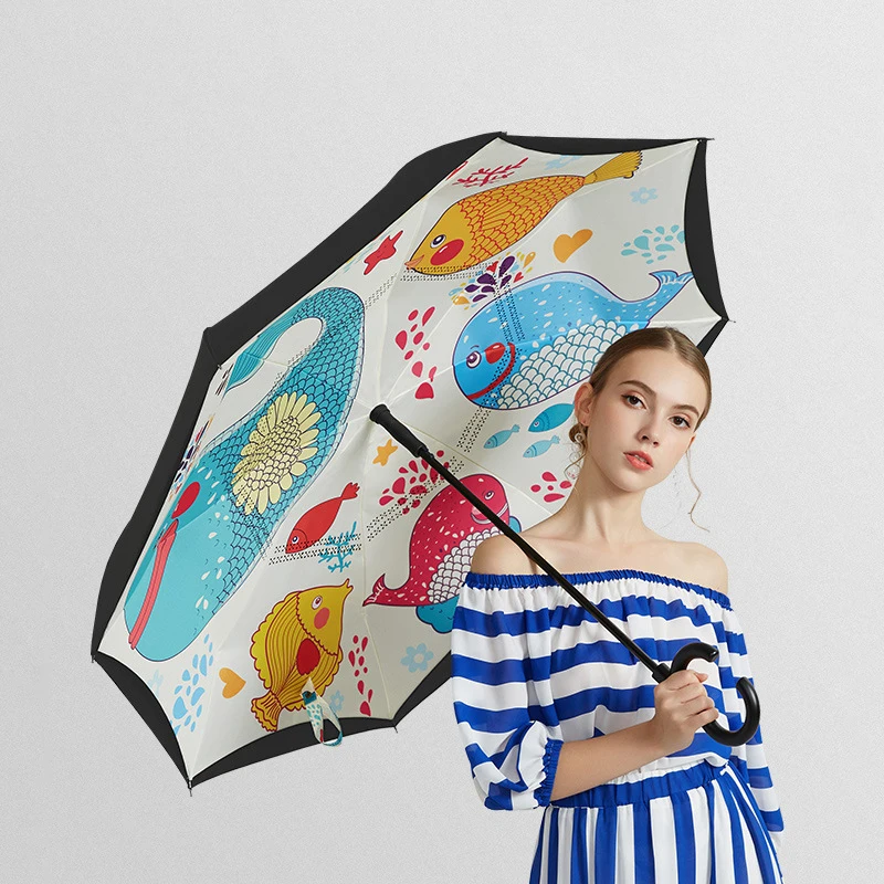 ZD076 Double Layer Automatic Open Inverted Parasol Windproof Travel Rain Sun Bumbershoot Creative C Shaped Handle Car Umbrella