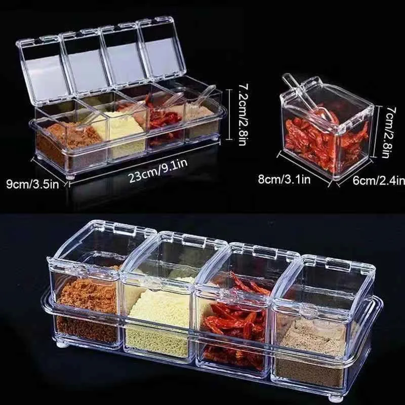 Onsin Factory wholesale Transparent 4 Compartments Acrylic Spice Seasoning jars for display salt sugar storage box with tray