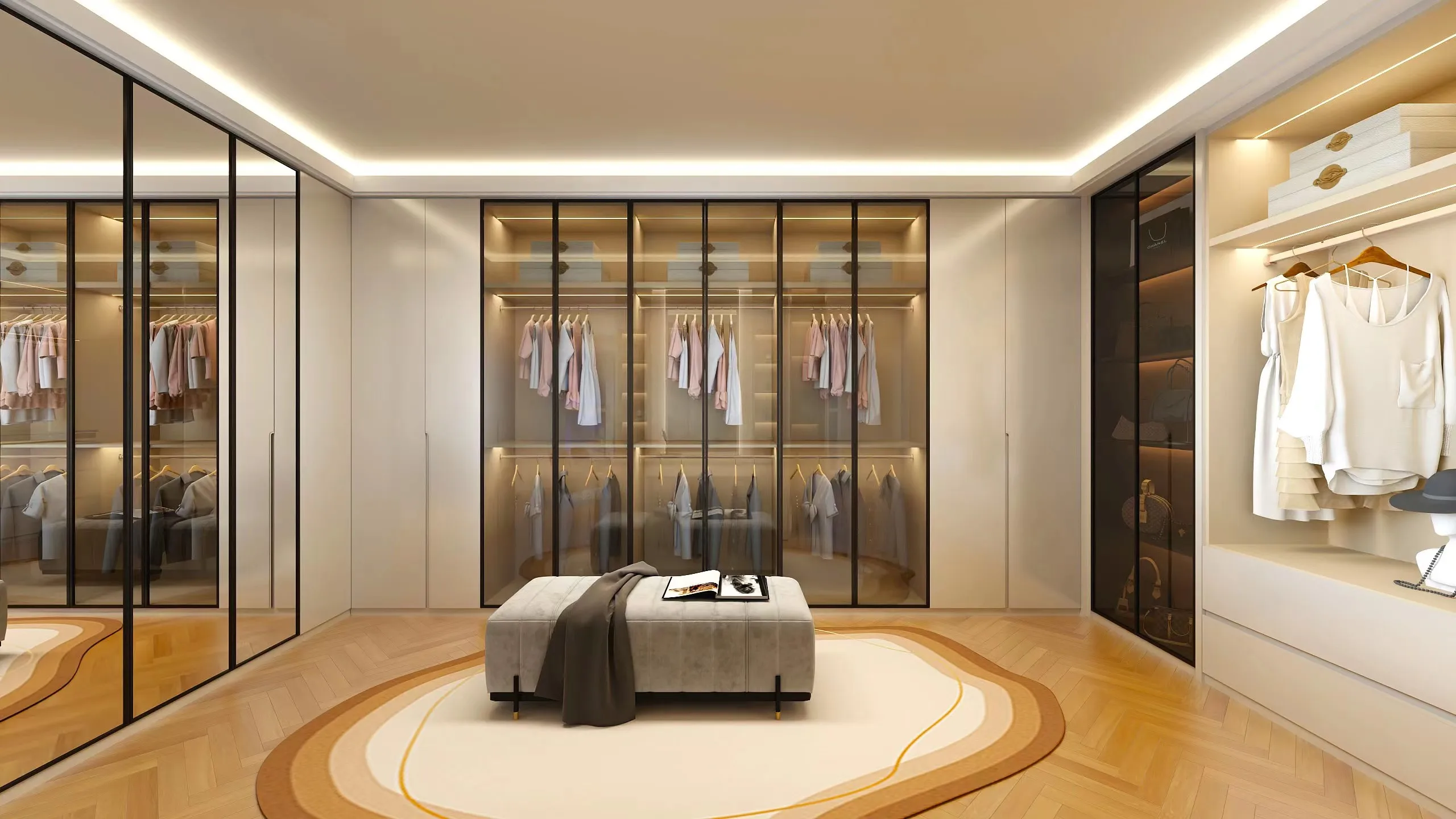 Custom design villa furniture walk-in closet modern luxury transparent glass door wooden bedroom wardrobe