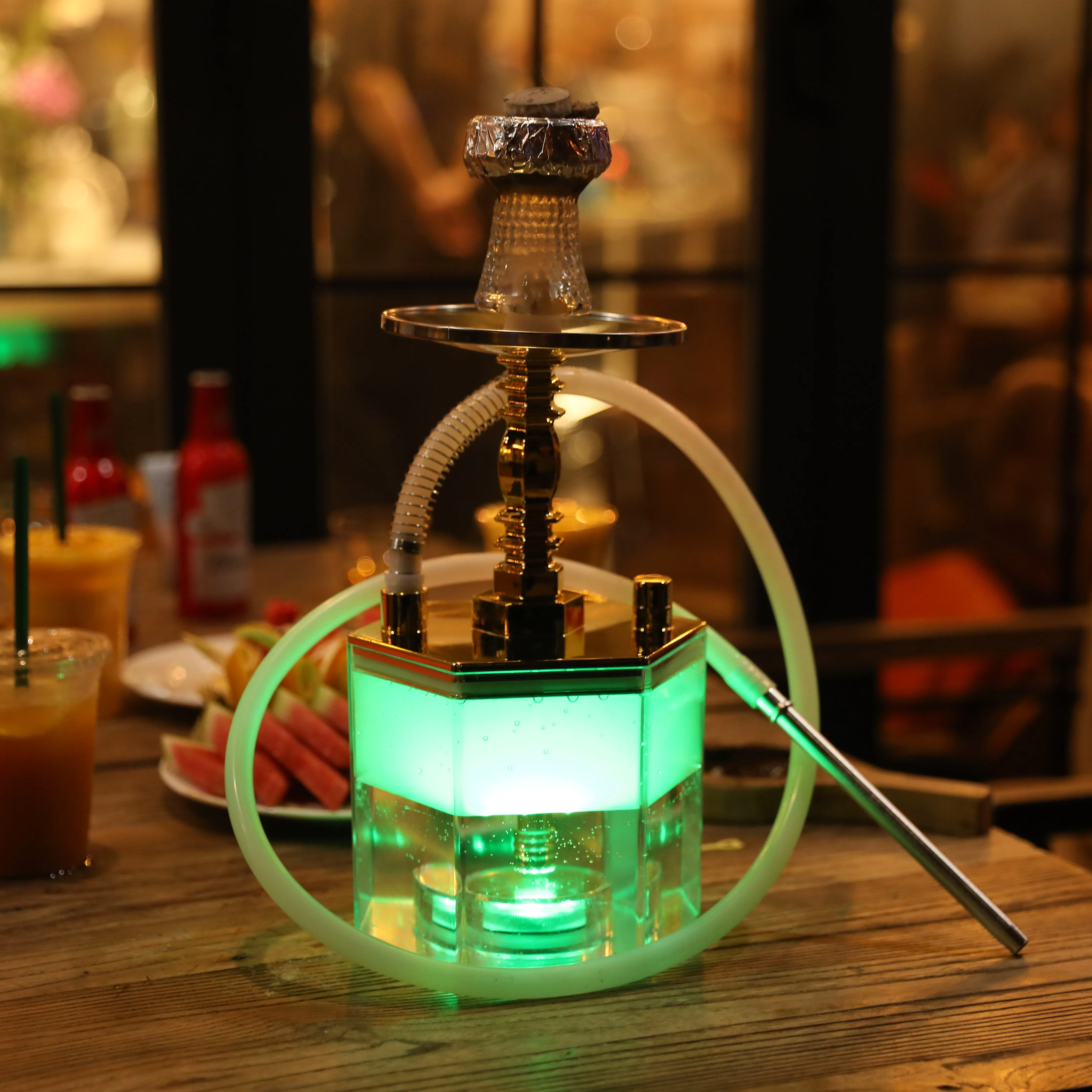 Wholesale and retail can be open cover hexagonal hookah reflector surface LED glass smoke bowl hookah set multi color optional