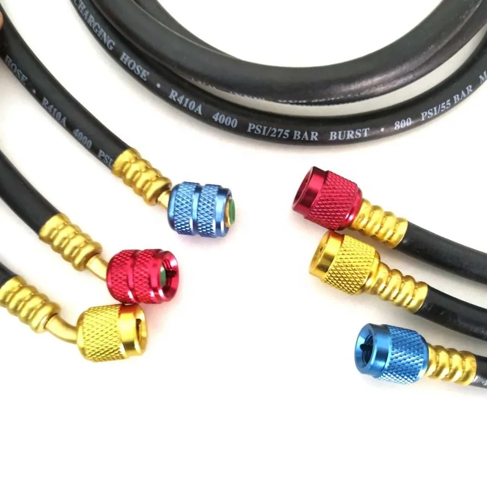 HVAC Refrigerant Black Rubber Charging hoses with 3 colors aluminium alloy connector for refrigerant charging.