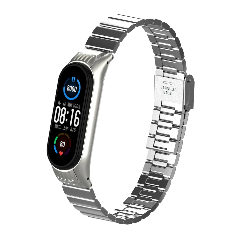 2021 NEW ODM HOLDMI 6037 series silver color bamboo solid ss miband6 strap compatible with mi band 3 4 5 6