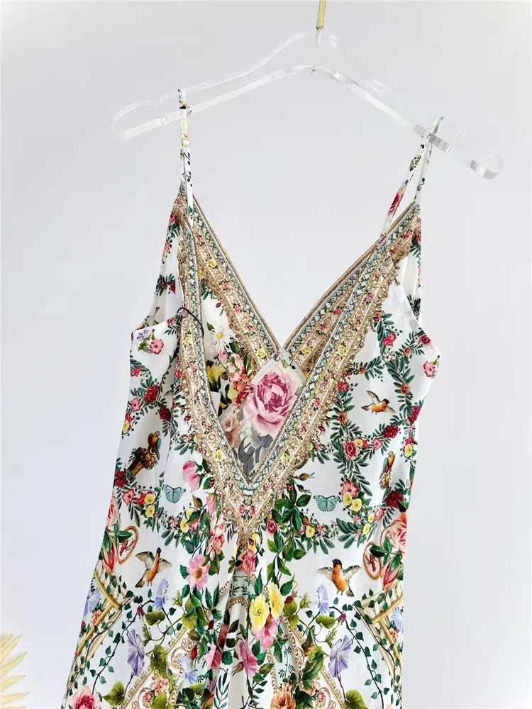 100%Silk Long Dress 2024 Summer Luxury Women Colorful Floral Print Beading Deco Sleeveless Casual Floor Length Dress Beach Maxi