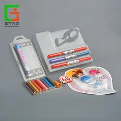 customizable blister tray plastic sliding card clamshell transparent packaging box with hanging hole for stationery