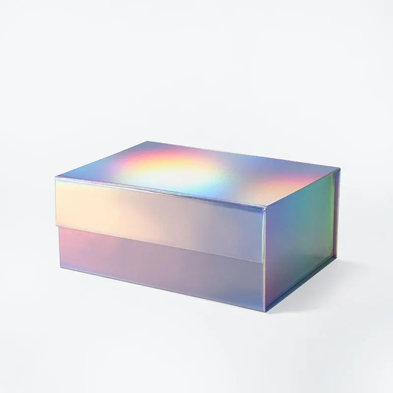 Luxury beautiful holographic folding rigid cardboard magnetic closure lid gift boxes with ribbon