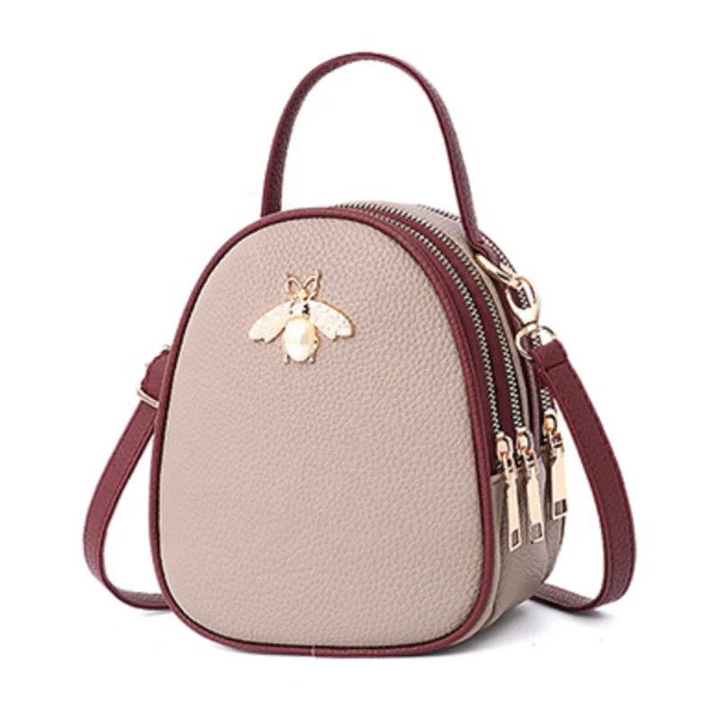 15Years Factory Cute Multifunction 3 Zipper Pocket Mini Wallet Bees Decoration Pu Leather  Small Shoulder Bag Tote Crossbody