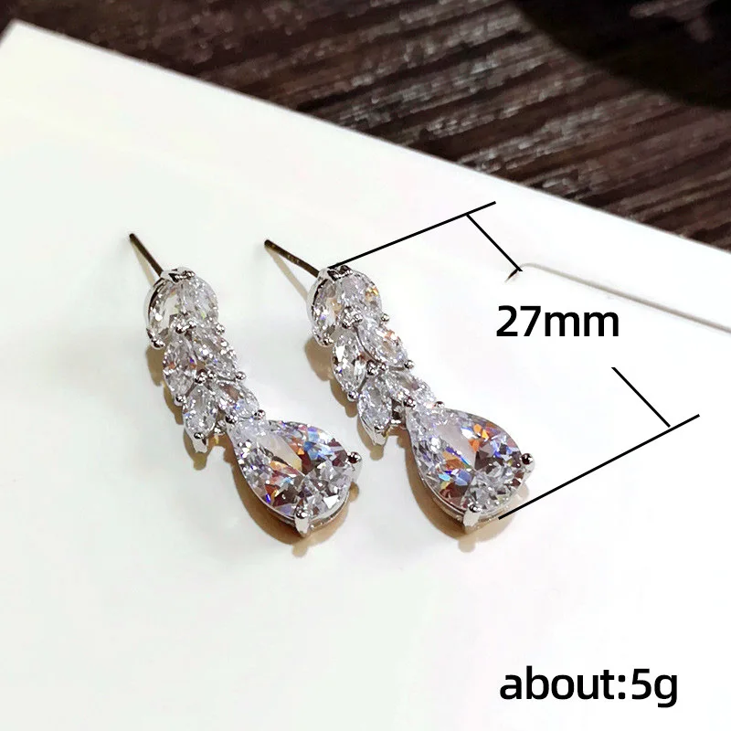  Luxury Leaf Zircon Bridal Earrings For Women Trendy Crystal Bling Drop Wedding Jewelry Party 2021