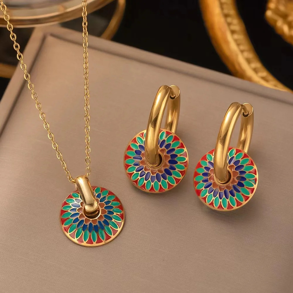 Customized titanium steel necklace earrings set gold plated stainless steel fashion jewelry set for women wholesale