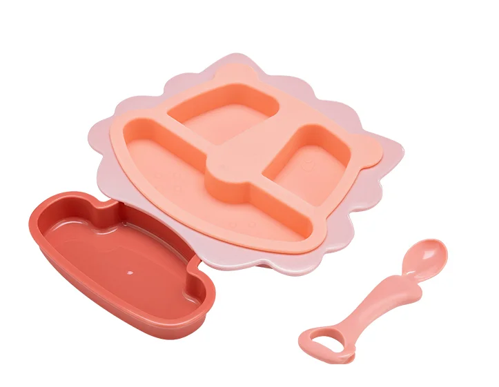 
Lion shaped baby plates set kinds dinner plate with spoon silicone plate set baby utensil set 