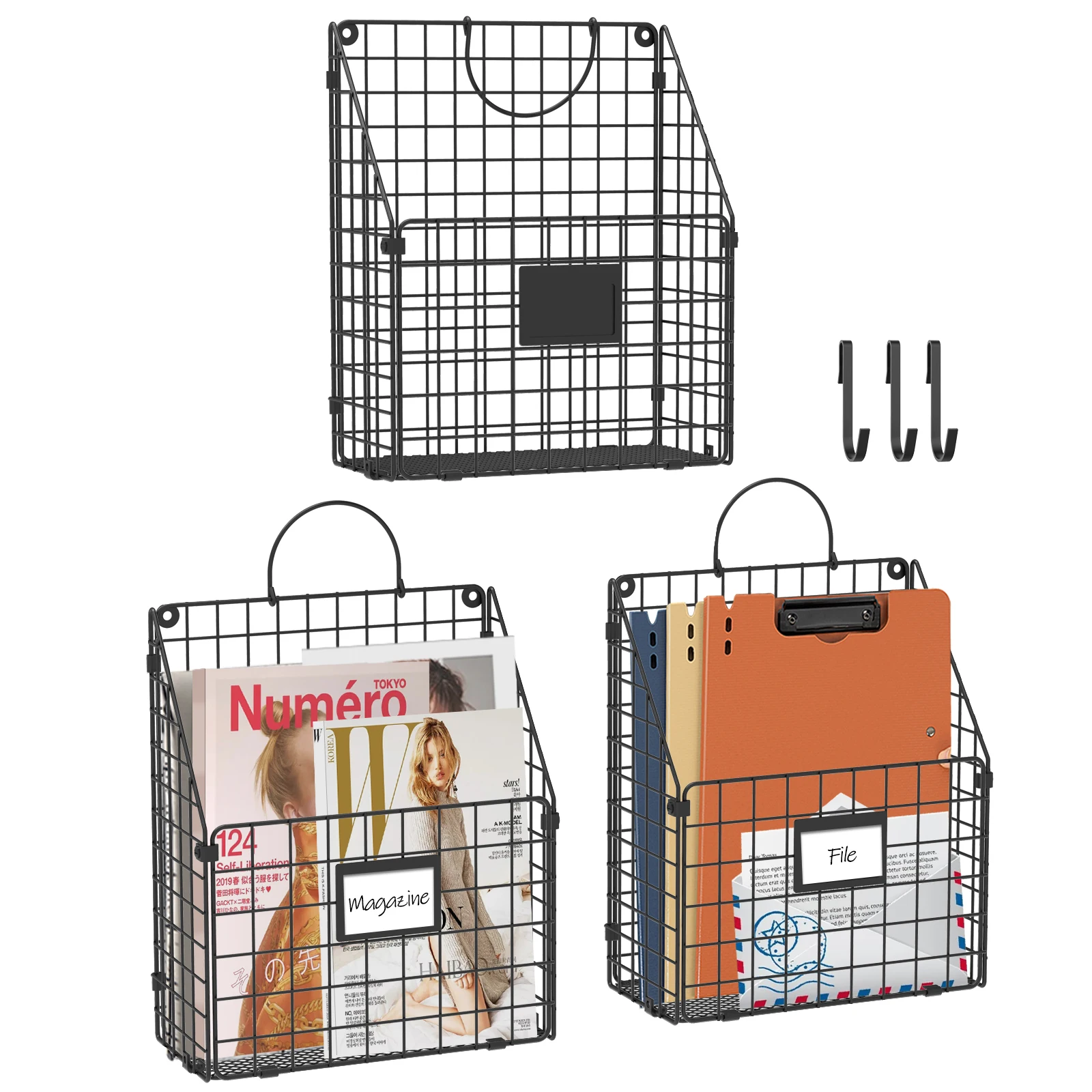 Black 6 pack Hanging Wall File Holder Organizer Metal Home Office File Folders Holder Magazine Rack with Handles and Hooks