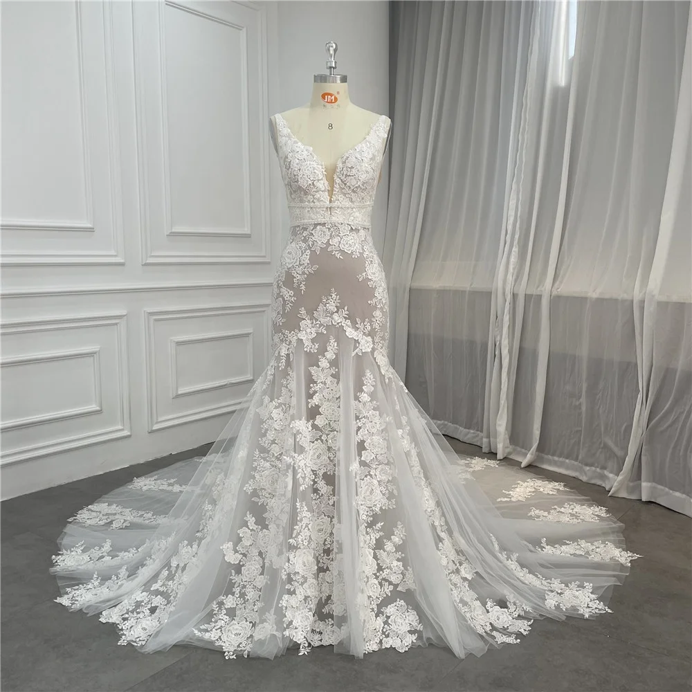 Women Mermaid Sleeveless Sequins Lace Champagne Detachable Belt Wedding Dress