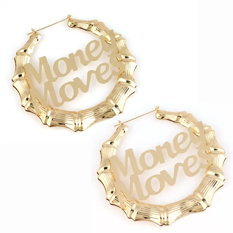 Hot Sale Custom Name Jewelry 5cm  6cm  9cm 12cm Big Hoop Double Name Bamboo Hoop Earrings For Women