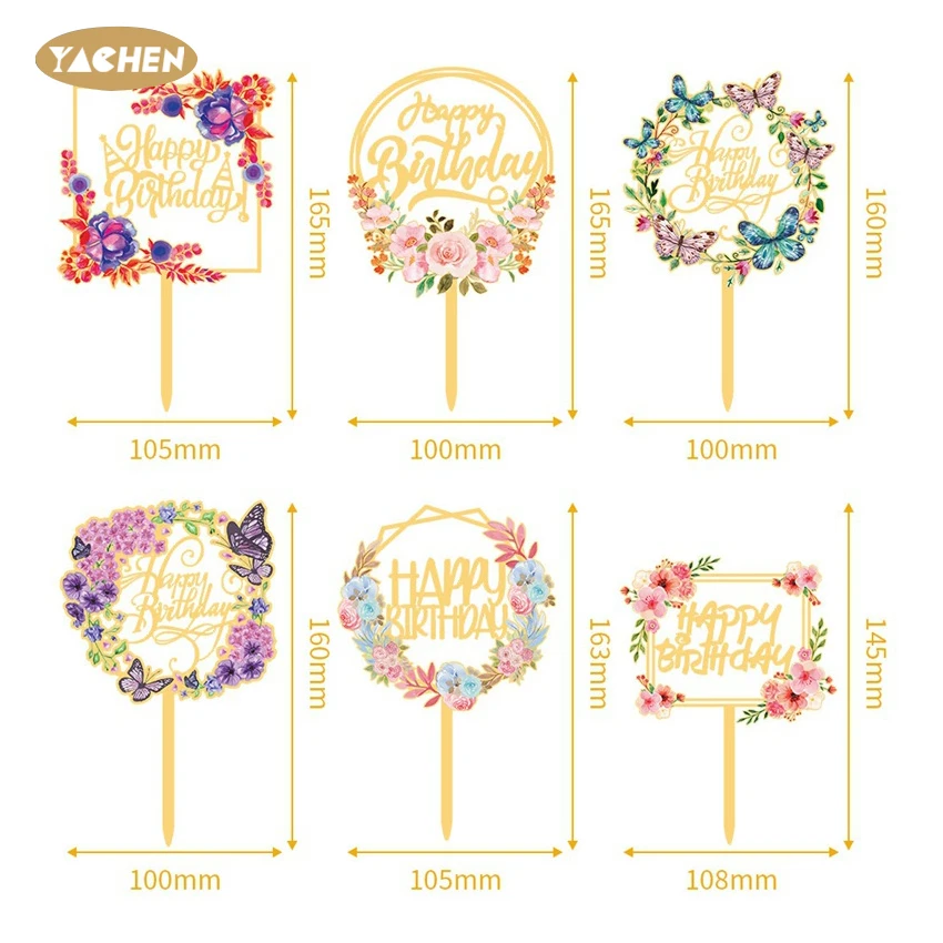 YACHEN Wholesale Custom Acrylic Happy Birthday Cake Topper Decoration Golden Flower Acrylic Cake Toppers