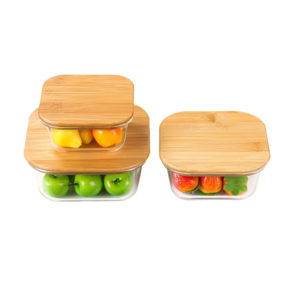 Microwave Oven Safe Food Glass Container  bamboo lid Leakproof Bento Lunch Box With wooden Lid For Meal Prep