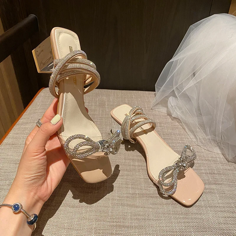 New Rhinestone Bowknot Women Sandals PVC Jelly Transparent Perspex High Heels Summer Sexy Square toe Ankle Buckle Strap Shoes