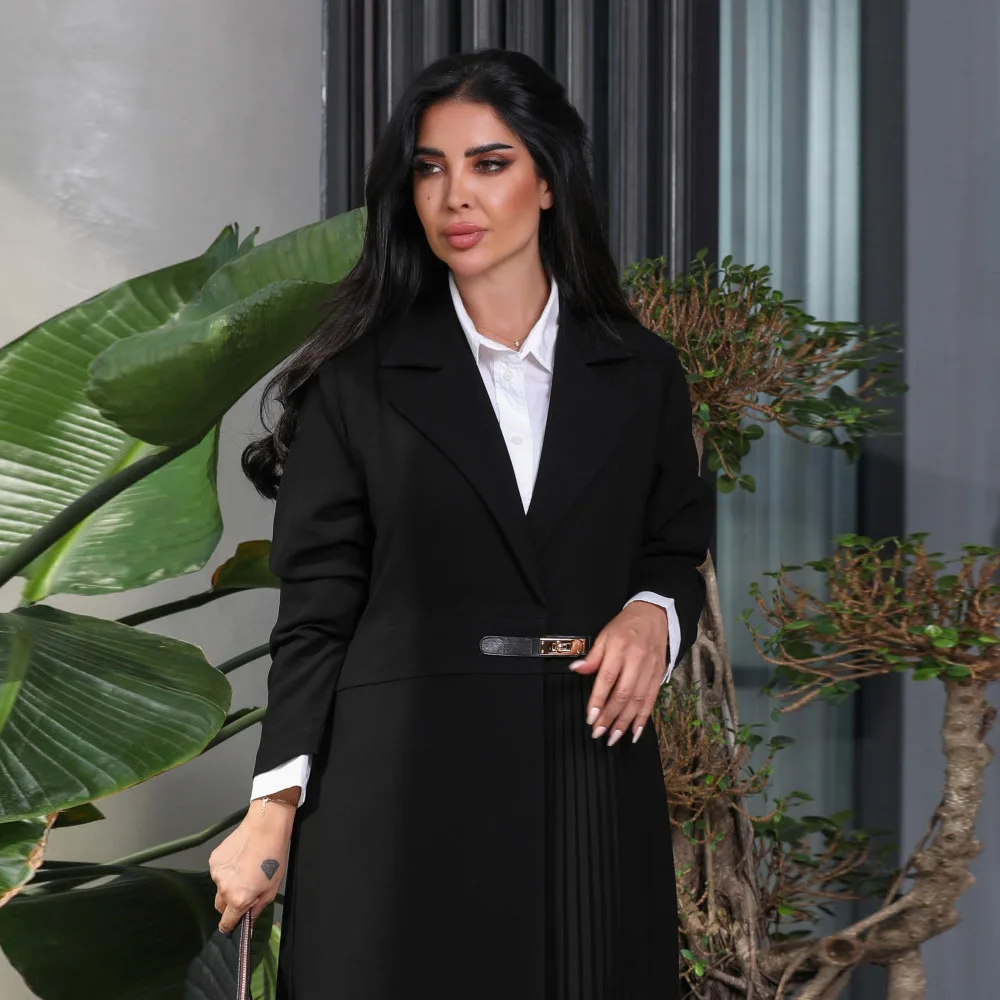 Turkish Dubai New Clothing Dress Kimono With Belted Fashion Pleated Suit Collar Cardigan Dress Muslim Open Front Abaya For Women
