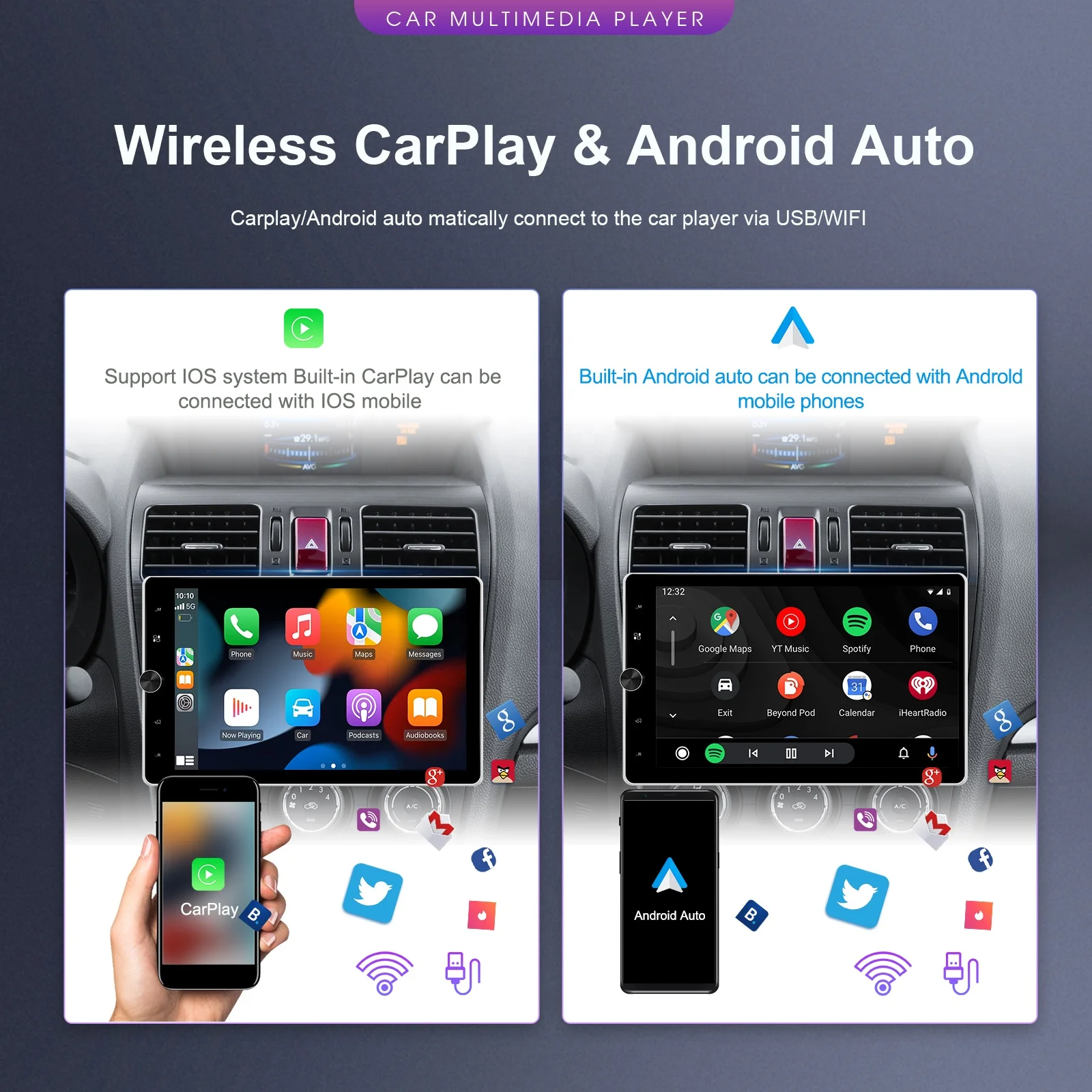 Podofo 10.4Inch 1 Din Android Car Radio 2+64G Android 13 Car Stereo CarPlay & Android Auto GPS WIFI Wholesale EU/US/UK/AU Stock