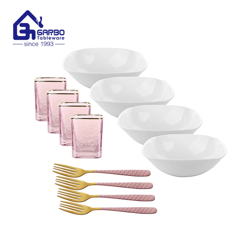 Color box pack customized logo tableware set heat resistant opal plate dinner set with water juice tumbler classic dinner spoon
