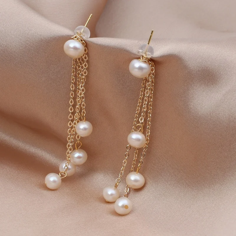 Bohemia s925 stud gold plated jewelry natural white real pearl bead earring tassel