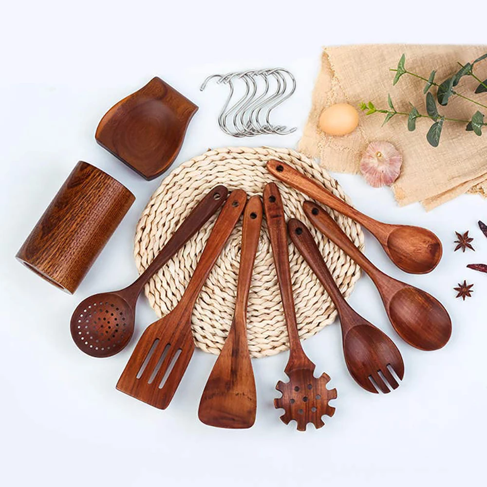 16 piece Acacia Wooden Spoons Wooden Spatula Cooking Kitchen Utensils Set with Holder & Hooks