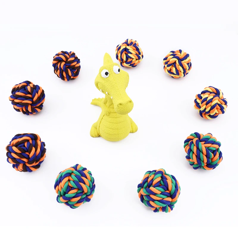 Poly colorful woven cotton puppy chew toy CVC interactive pet toy ball for dog