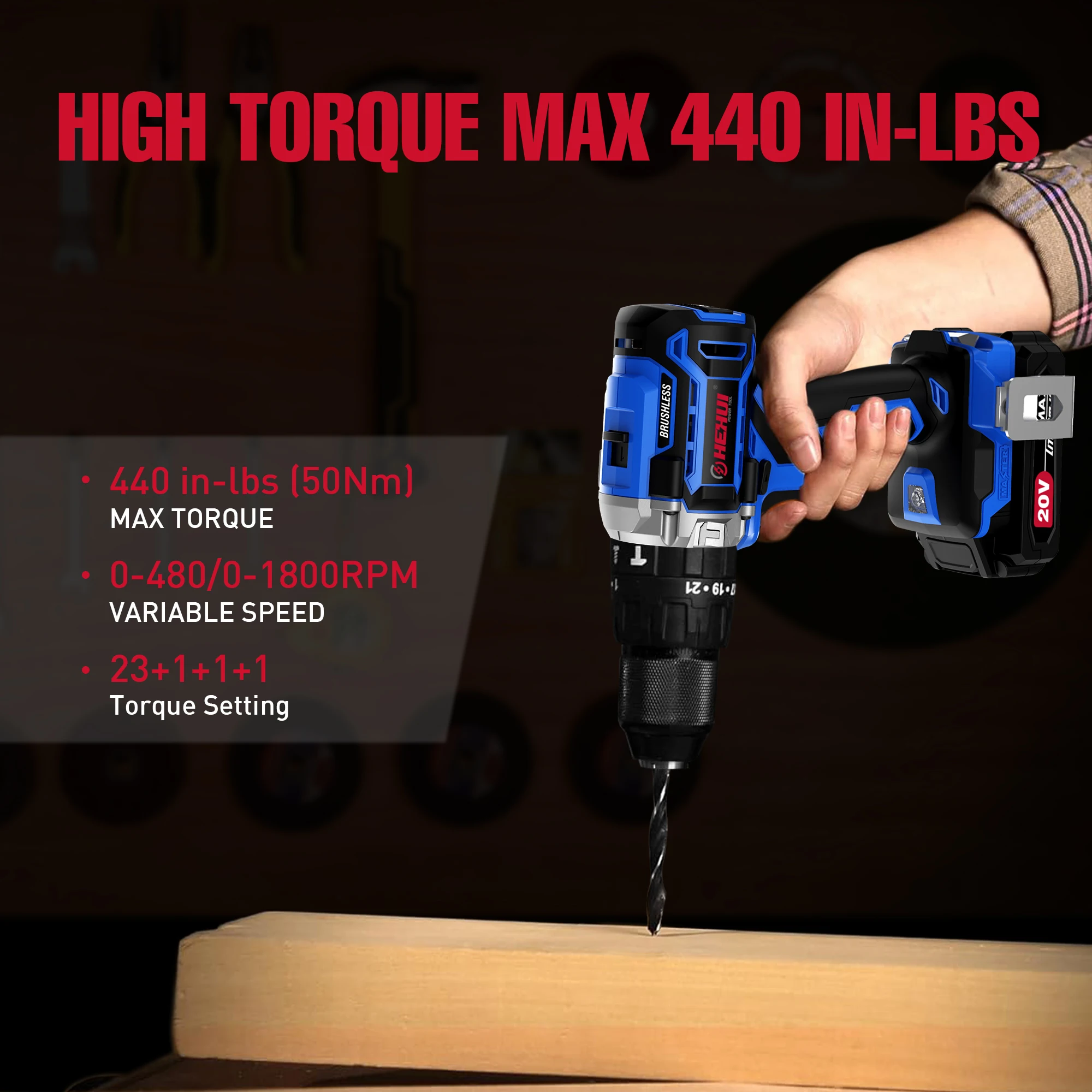 Hehui Customized 20V Hand Drill 20+ Torque Setting Drill Tools 13Mm Chuck Size Brushless Cordless Hammer Drill