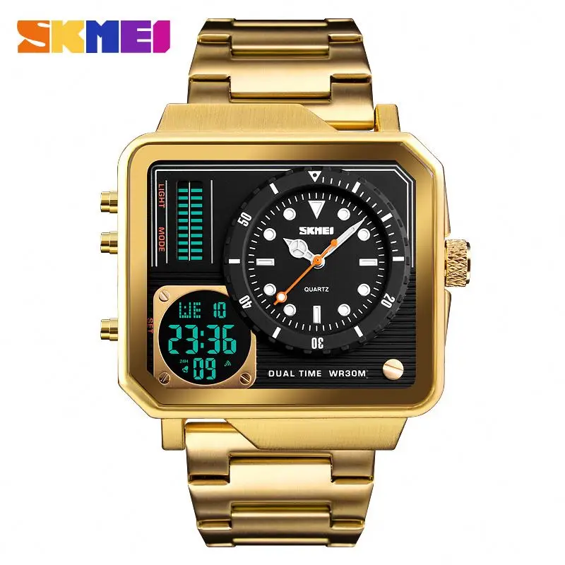 SKMEI 1392 2 time zone double display quartz watch square unique dongguan Stainless steel band relogio musculino