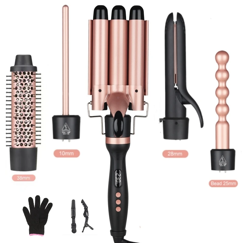 Professional Salon 5 In 1 Curl Waver Wand Curling Iron Ceramic Ionic Triple Rotating 3 Barrel Hair Curler