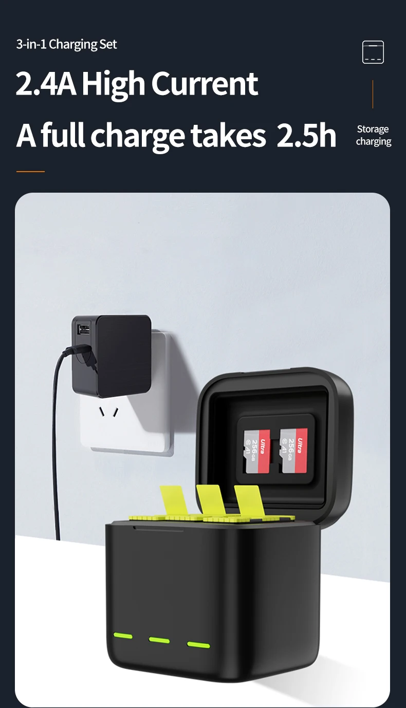 Hot selling GoPros AccessoriesTriple Charger Box With 2 pcs Batteries Kit Set for GoPro Hero9/10 battery