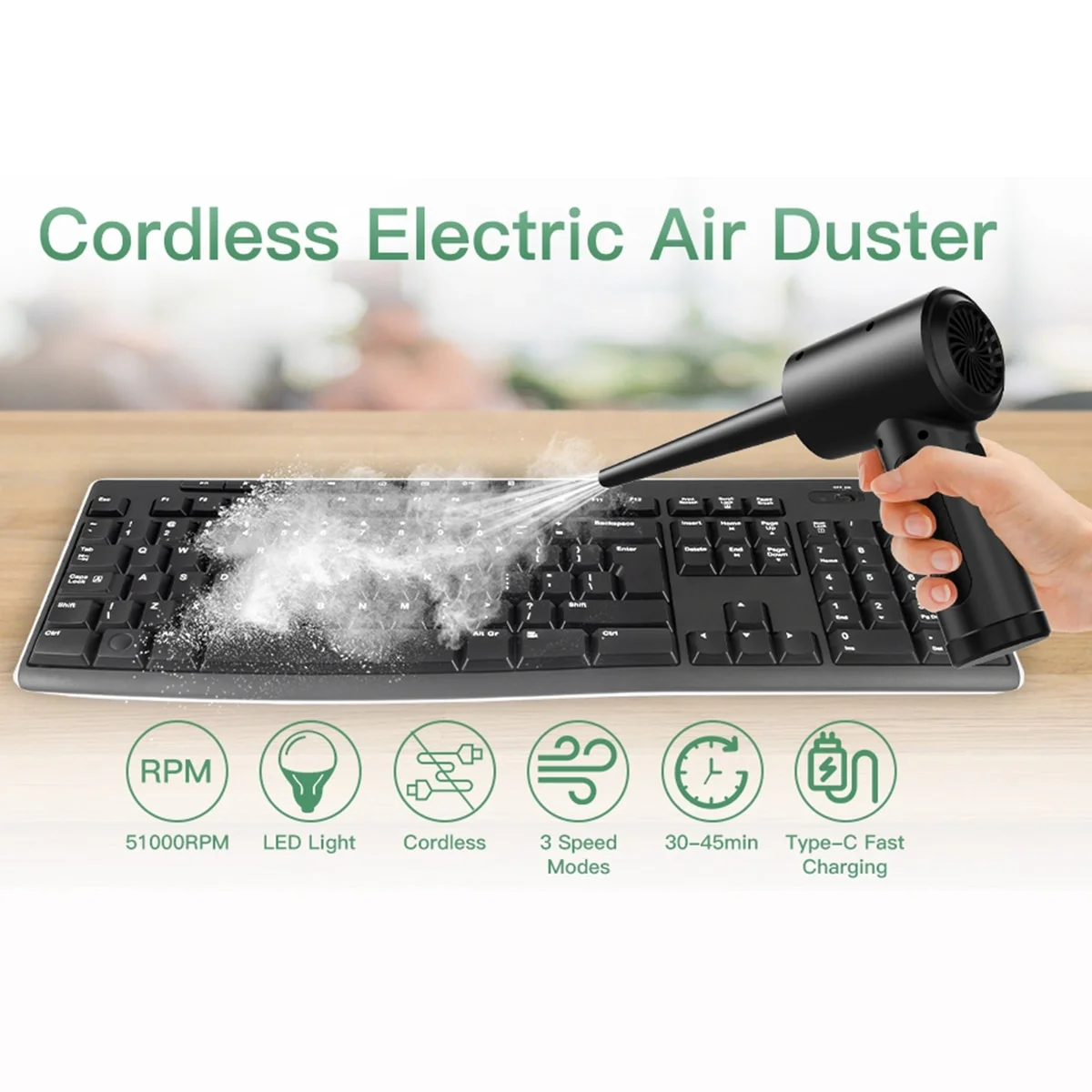 Air Duster for Computers Portable Cordless Air Blower Computer Cleaning with LED Light for PC Keyboard Crumbs Car