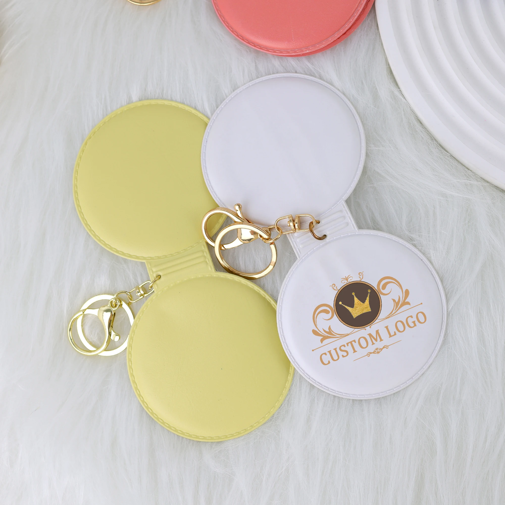 Custom PU leather mirror key chains metal ring promotional key chain makeup mirror metal keychains