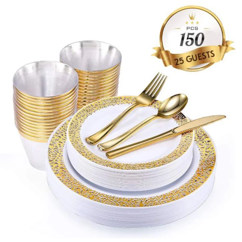 150 PCS Gold Rose Disposable Silverware Lace Design wedding Plastic Plates With Gold Cup And Cutlery Party Set