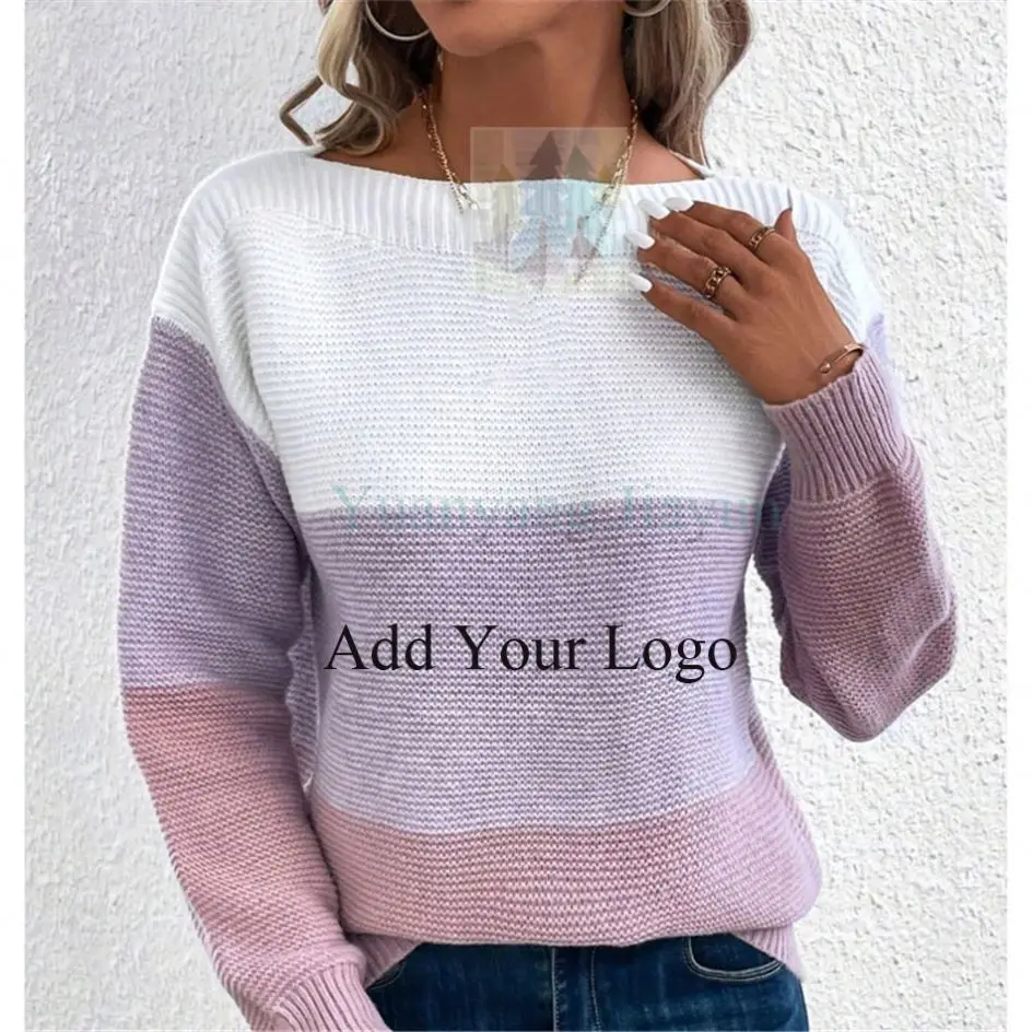 Autumn and Winter Sweater Round Neck and Loose Thickened Knit With Sweet Color Blocking Pattern Crew Collar