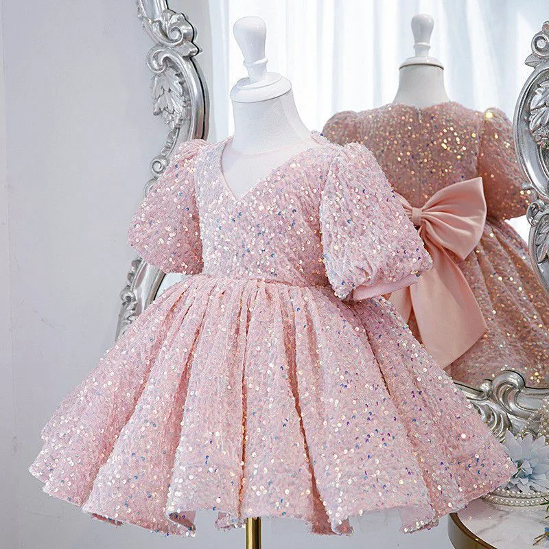 Kids Celebration Party Clothing 2-12 Years Pink Bows Sequined V-neck Children Christmas Prom Gown Flower Girls Wedding Dresses
