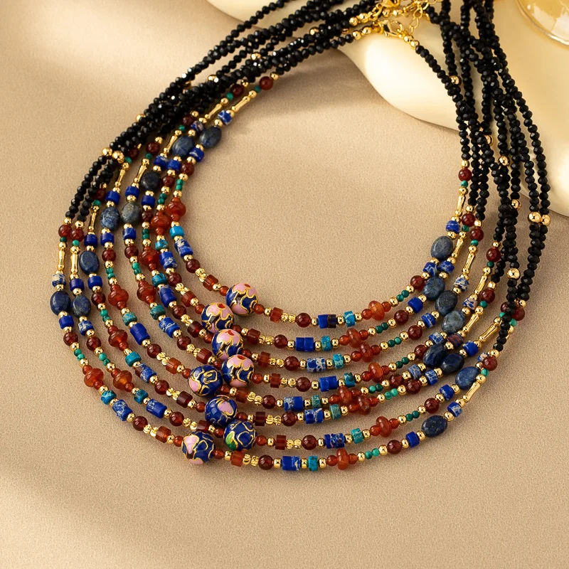 High Quality Chinese Ethnic Design Enamel Jewelry Set Gold Plated Brass Gemstone Beaded Earrings Necklace for Wedding Gift Women
