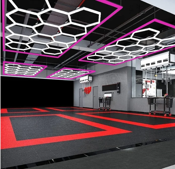 Etop Custom Bezel Blue Red Auto Detailing Workshop Lighting 110-240V LED Hexagonal Ceiling Lights Garage Honeycomb Lights