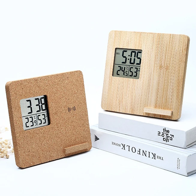 Multifunction Bamboo Cork Wood 2 in 1 Digital Alarm Clock Wireless Charger Stand for desk office