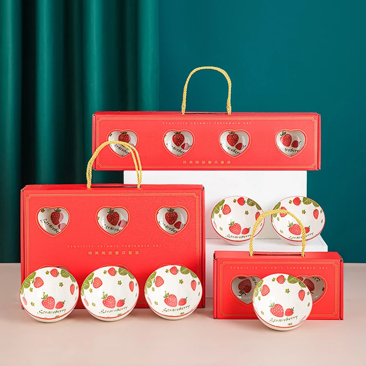 cartoon pattern ceramic tableware gift set for holiday gift box dinnerware 4 pieces bowl set ceramic