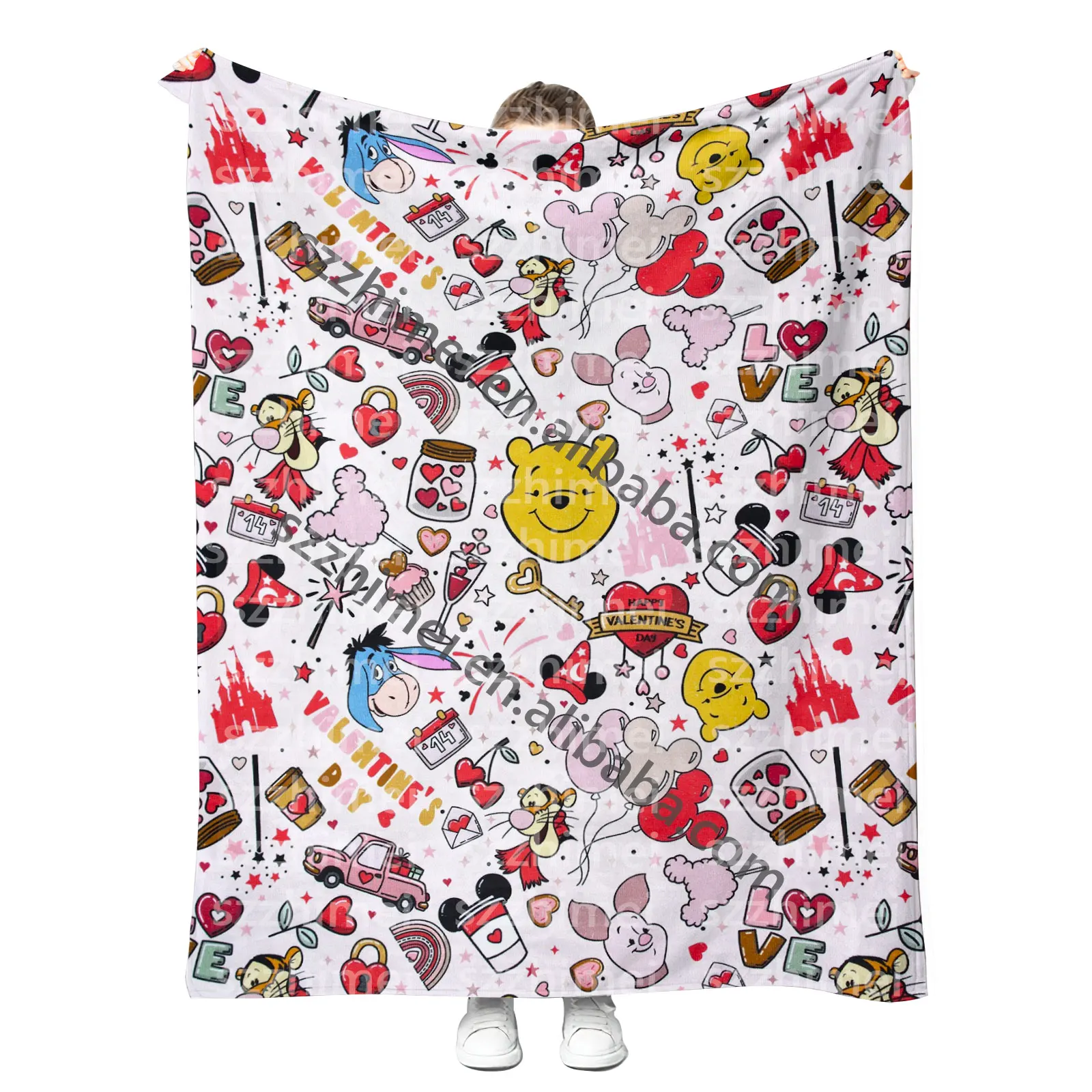 Soft Plush Valentines Day Cartoon Throw Blanket Custom Labels Prints Fleeced Flannel Blankets Gifts for Girlfriend Boyfriend
