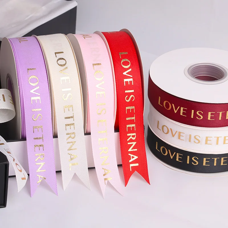 Love is eternal custom gift flower cake package ribbon ,  1inch 25mm customized brand artwork gold foil logo printed ribbon
