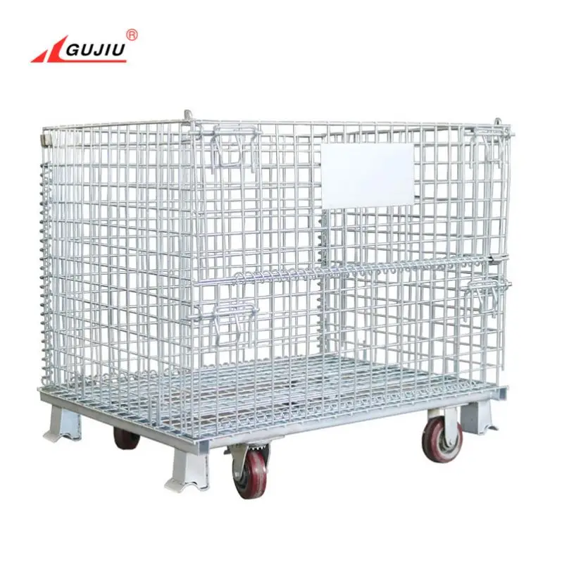 Material Handling Container Rigid Welded Industrial Warehouse Metal Wire Lockable Storage Cage With Wheels