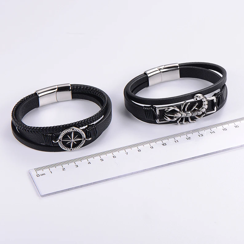 2024 New Multi Layer Braided Lion Dragon Thor Hammer Compass Mens Black Leather Bracelet Magnetic Clasp