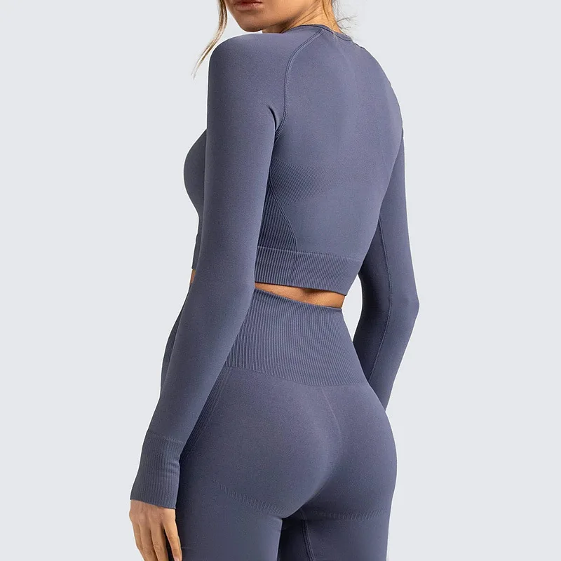 
2021 Woman Crop Top long sleeve Ribbed Set High Quality Long Leggings Seamless Yoga Suit 